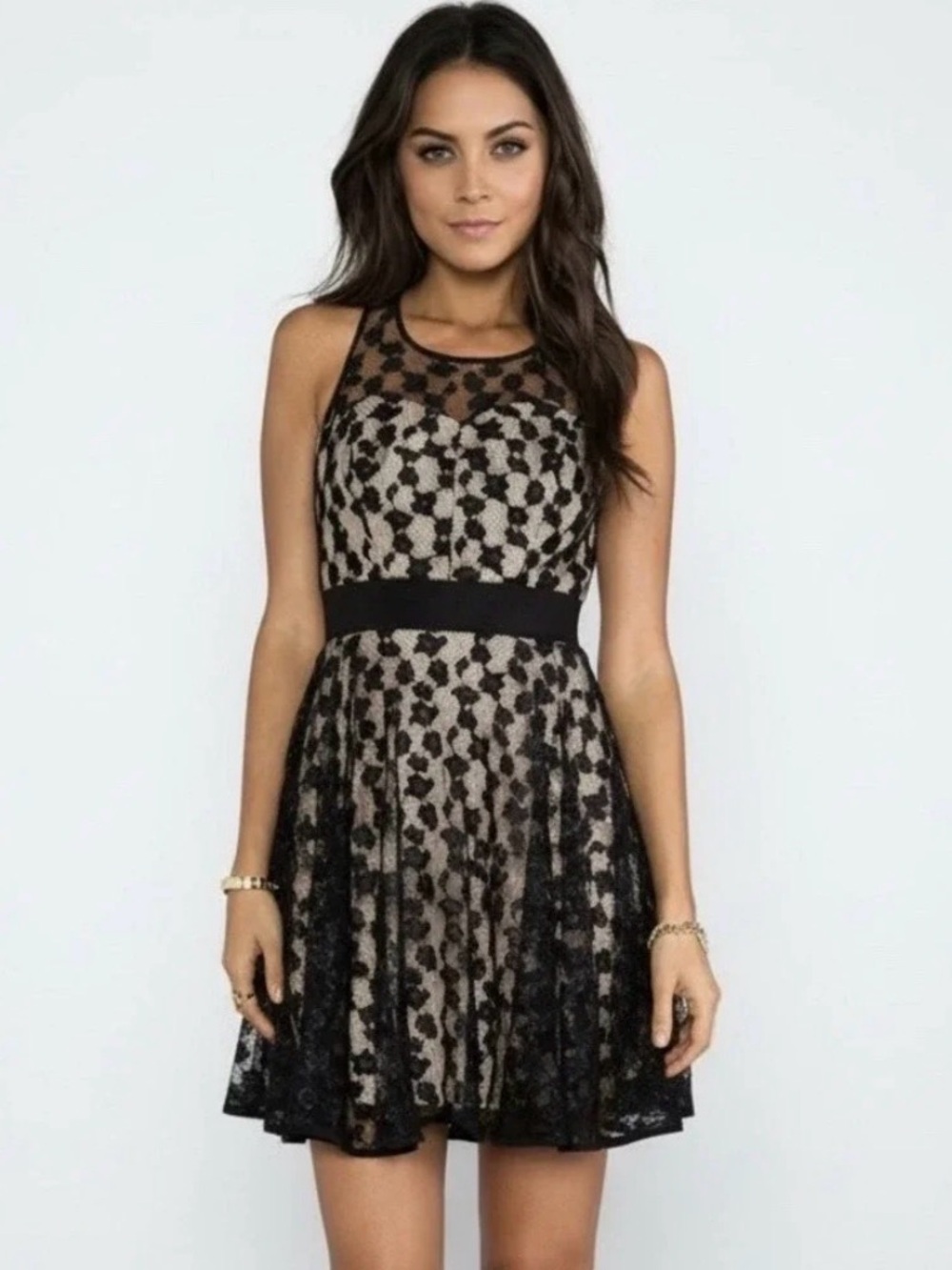 Milly Black Lace Overlay Fit & Flare Dress Nude Lining Size 10